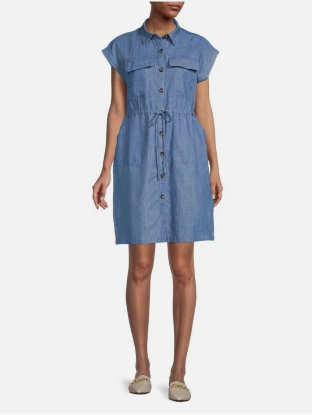 Time and Tru Light Blue Denim Button-Front Drawstring Midi Dress Womens Size XL